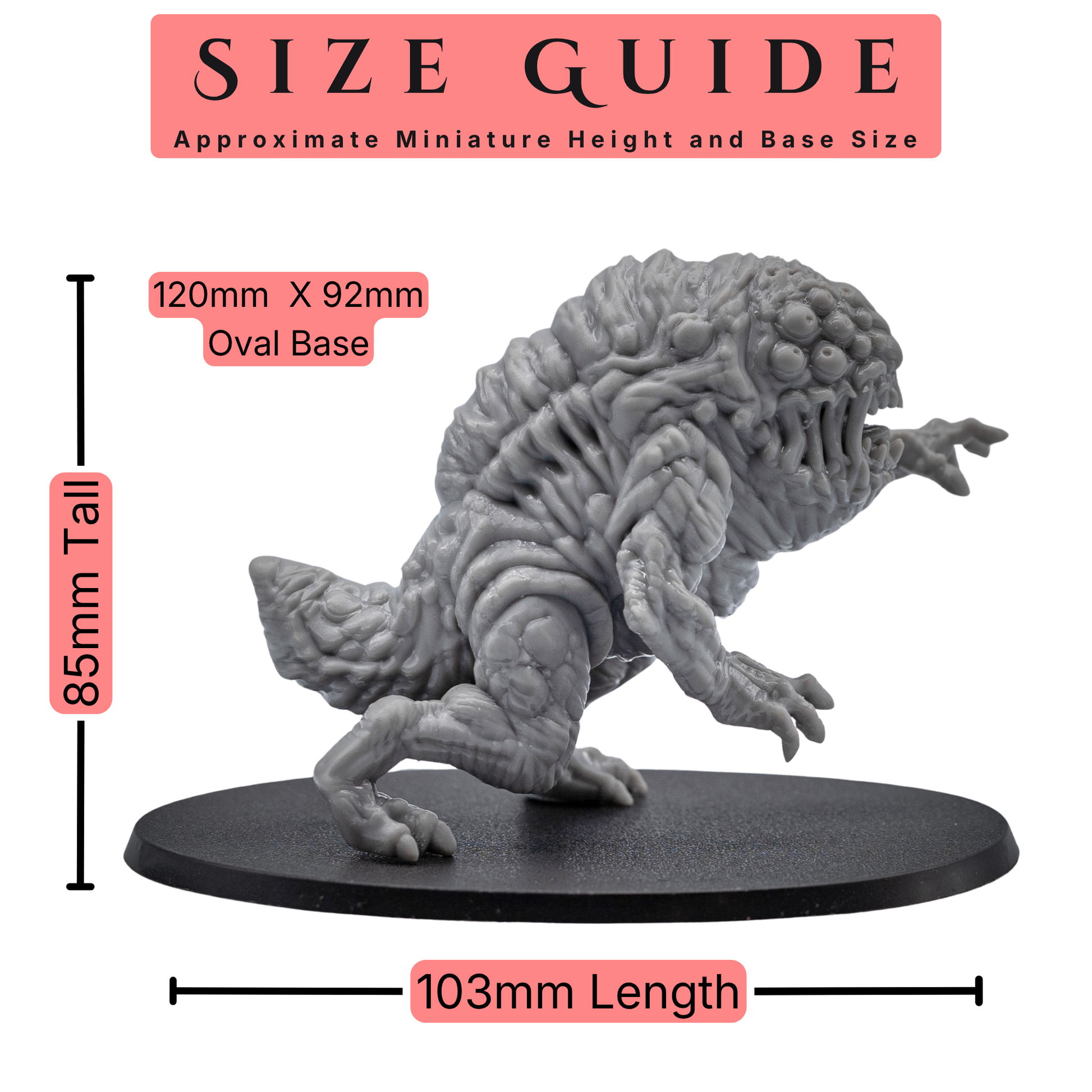 Size guide for a 32mm scale Aberration miniature showing 85mm height, 103mm length, and 120mm x 92mm oval base.