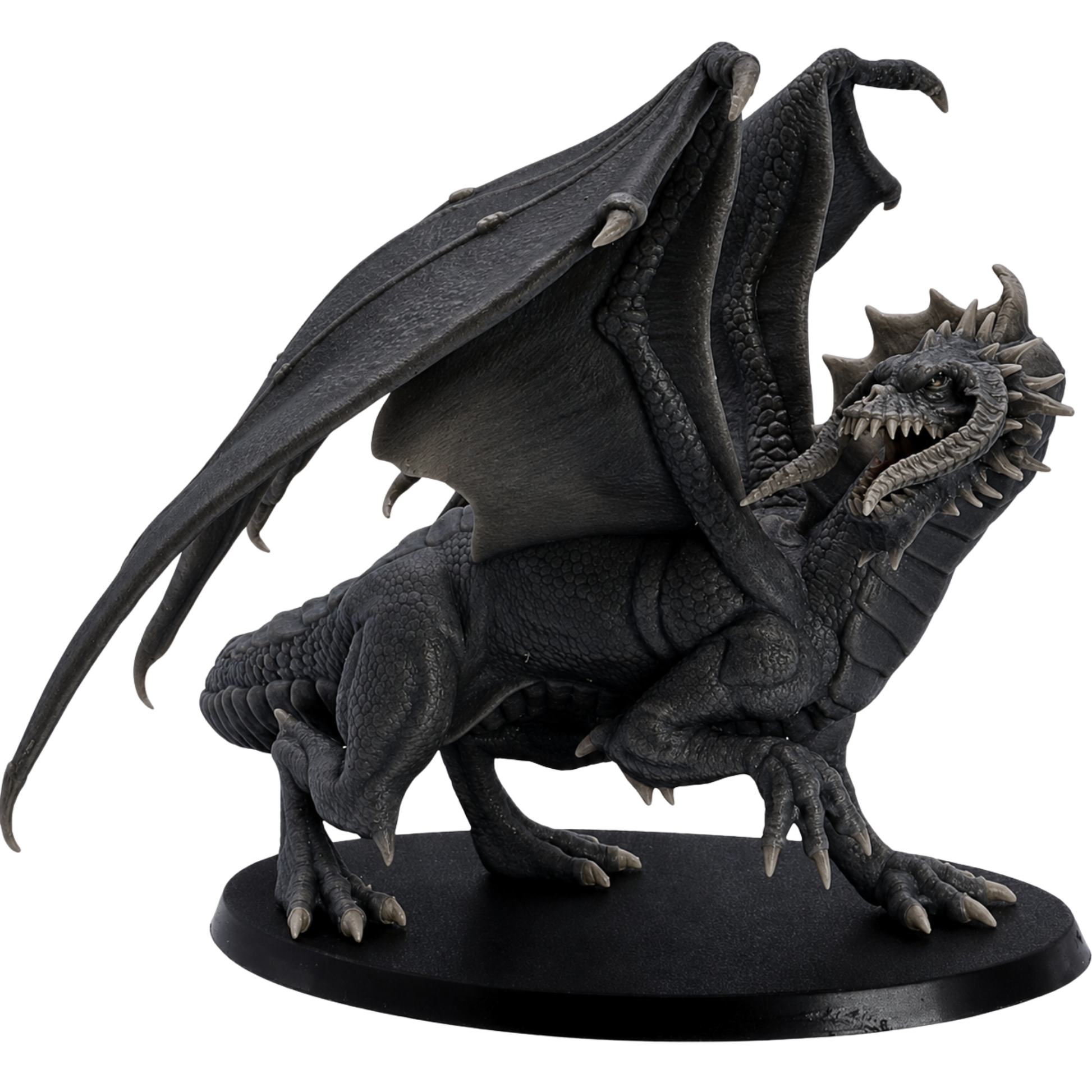 Painted Adult Black Dragon miniature by Epic Miniatures showing a large dark-scaled fantasy dragon with folded wings, horned head, open jaws, claws, and long tail.