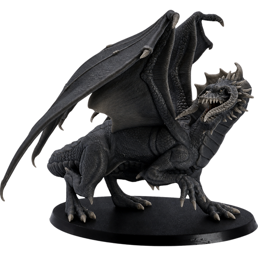 Painted Adult Black Dragon miniature by Epic Miniatures showing a large dark-scaled fantasy dragon with folded wings, horned head, open jaws, claws, and long tail.