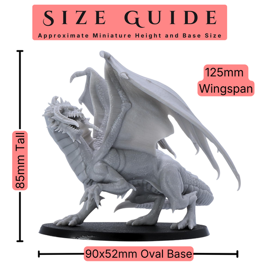 Adult Black Dragon size guide showing approximately 85mm height, 125mm wingspan, and 90 x 52mm oval base.