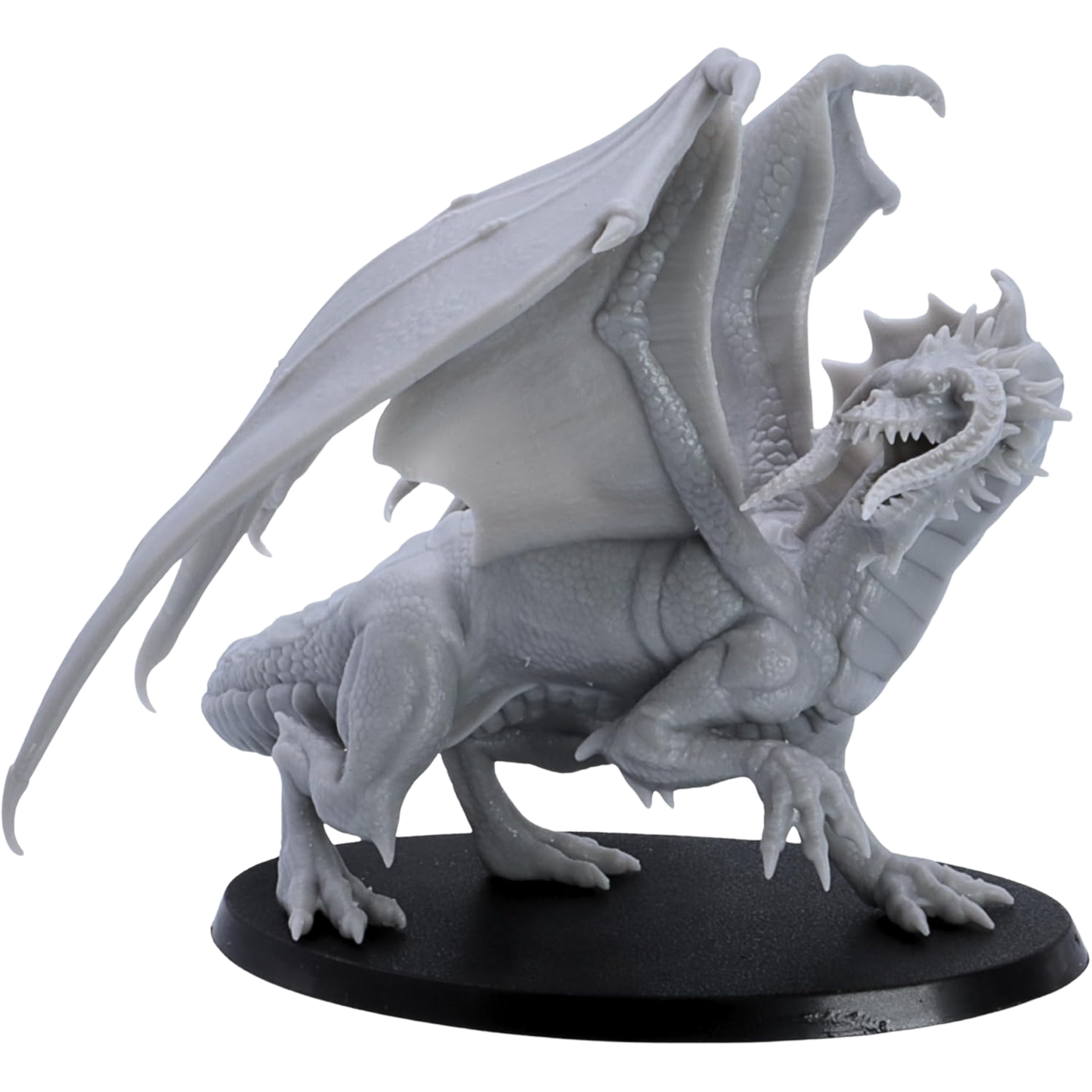 Unpainted Adult Black Dragon miniature by Epic Miniatures shown from a front three-quarter angle with raised wings, horned head, open mouth, claws, and 90 x 52mm oval base.