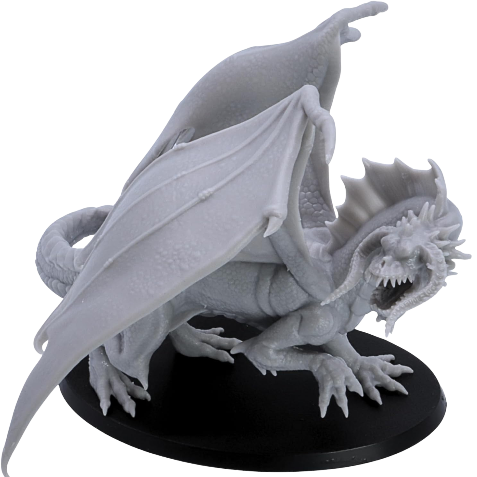 Front angle of the unpainted Adult Black Dragon miniature showing the open jaws, facial horns, wing membranes, claws, and broad scaled body.