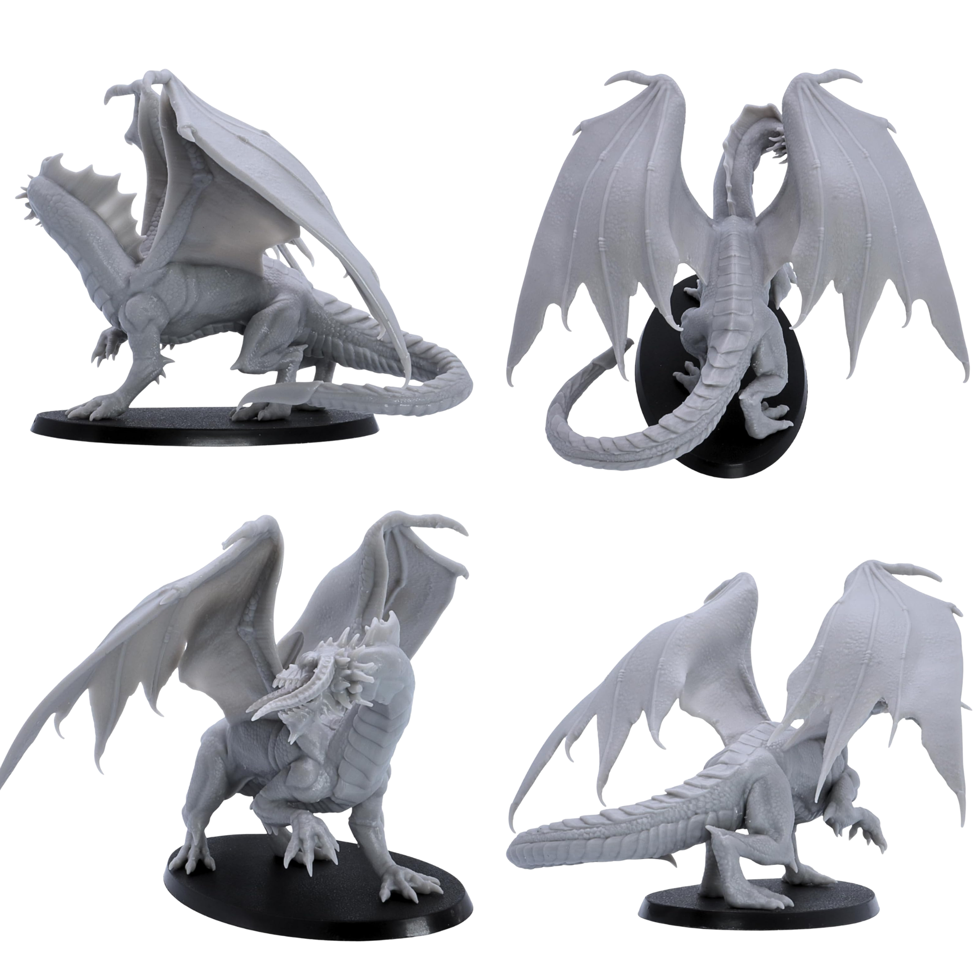 Unpainted Adult Black Dragon miniature shown from multiple angles highlighting the wings, long armoured tail, scaled body, horns, claws, and oval base.