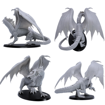 Unpainted Adult Black Dragon miniature shown from multiple angles highlighting the wings, long armoured tail, scaled body, horns, claws, and oval base.
