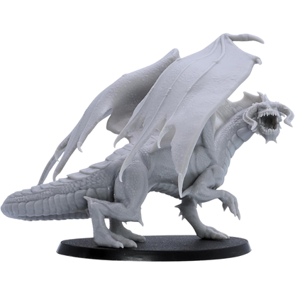 Side view of the unpainted Adult Black Dragon showing its powerful crouched body, large folded wings, long tail, scaled hide, and snarling head.