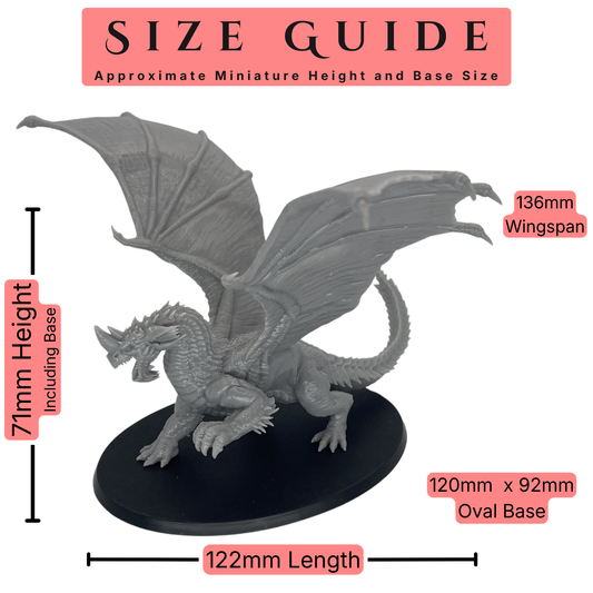 Adult Blue Dragon 28mm scale miniature size guide showing an approximate 71mm height including base, 122mm length, 136mm wingspan, and 120 x 92mm oval base size.