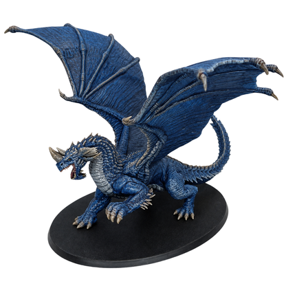 Painted Adult Blue Dragon miniature by Epic Miniatures with deep blue scales, large wings, horns, and detailed claws.