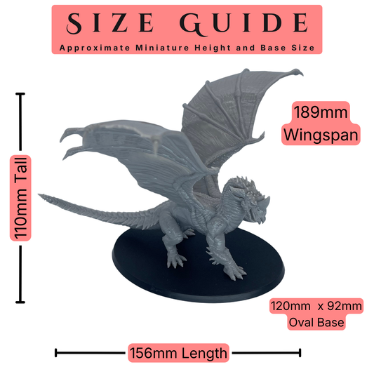 Size guide showing the Adult Blue Dragon at approximately 110mm tall, 156mm long, and 189mm wingspan with a 120 x 92mm oval base.