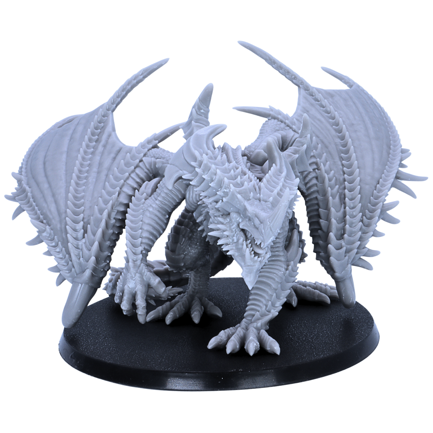 Front view of an unpainted Adult Iron Dragon miniature showing open jaws, sharp claws, large wings, and detailed fantasy dragon sculpt.