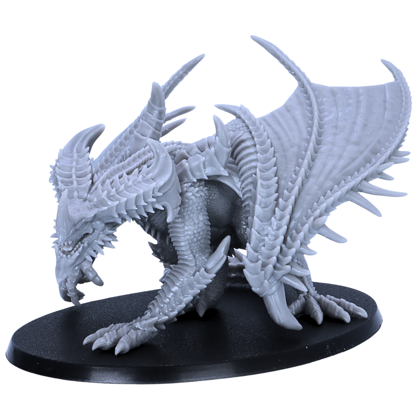 Three-quarter view of an unpainted Adult Iron Dragon fantasy miniature with large wings, horns, claws, and detailed dragon scales.