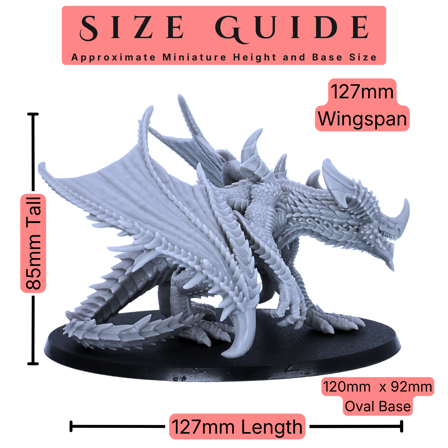 Size guide for a 28mm scale Adult Iron Dragon miniature showing 85mm height, 127mm wingspan, 127mm length, and 120mm x 92mm oval base.