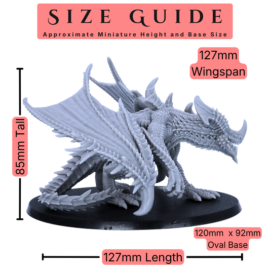 Size guide for a 28mm scale Adult Iron Dragon miniature showing 85mm height, 127mm wingspan, 127mm length, and 120mm x 92mm oval base.