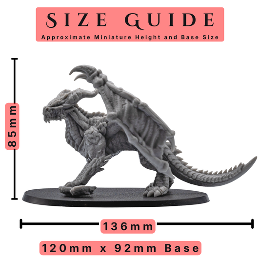Size guide for Adult Red Dragon by Forged Path Miniatures showing 85mm height, 136mm length, and 120mm x 92mm oval base.