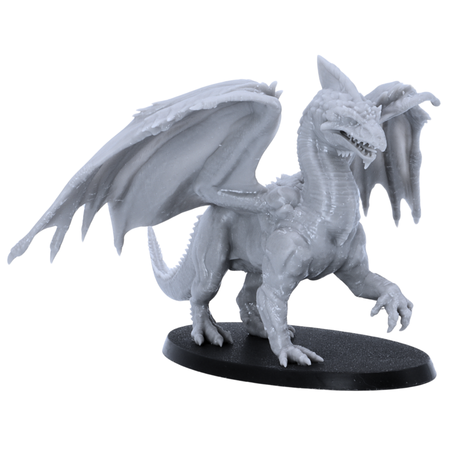 Front side view of an unpainted Adult White Dragon miniature by Epic Miniatures showing broad wings, long neck, claws, and detailed dragon head.