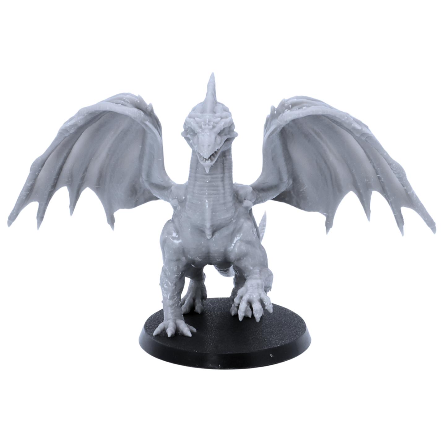 Front view of an unpainted Adult White Dragon resin miniature showing open jaws, spread wings, sharp claws, and oval base.