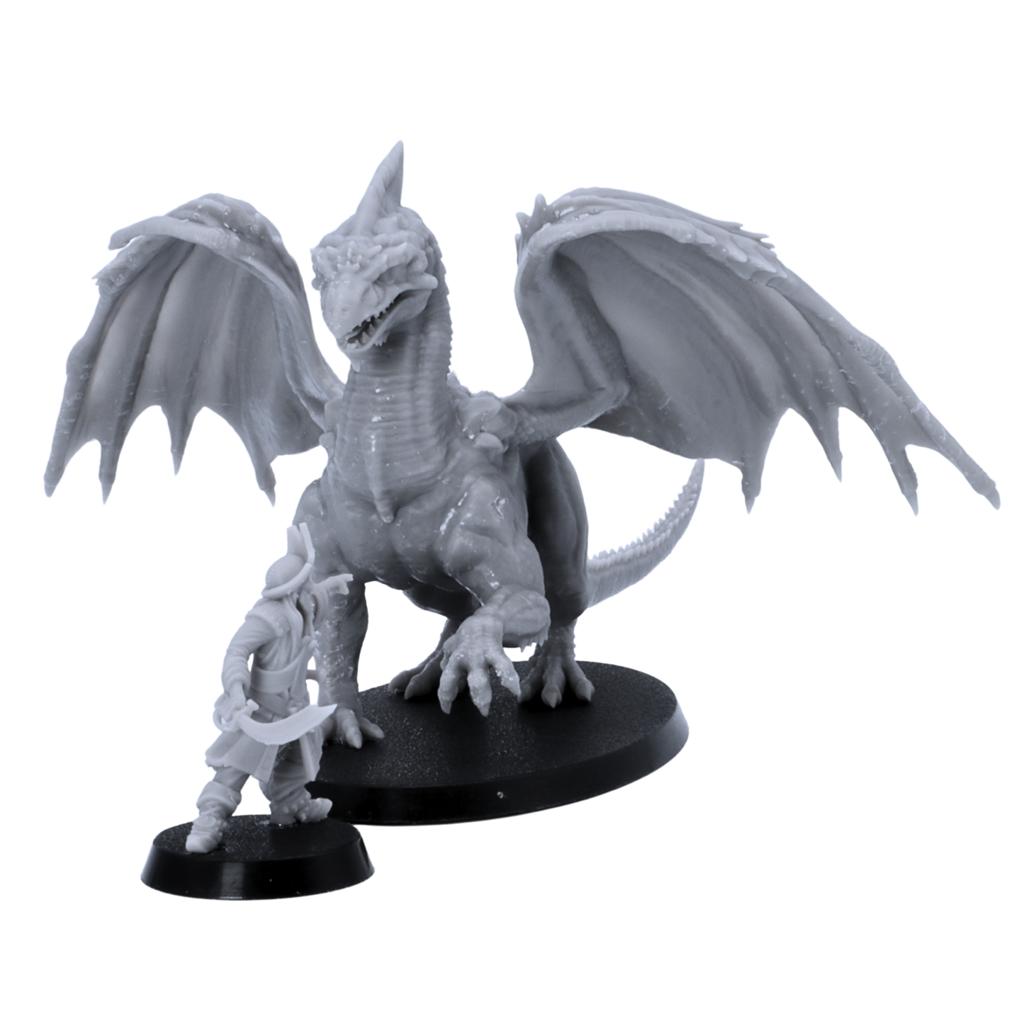 Left rear view of an unpainted Adult White Dragon resin miniature showing wing shape, tail curve, back scales, and standing dragon pose.