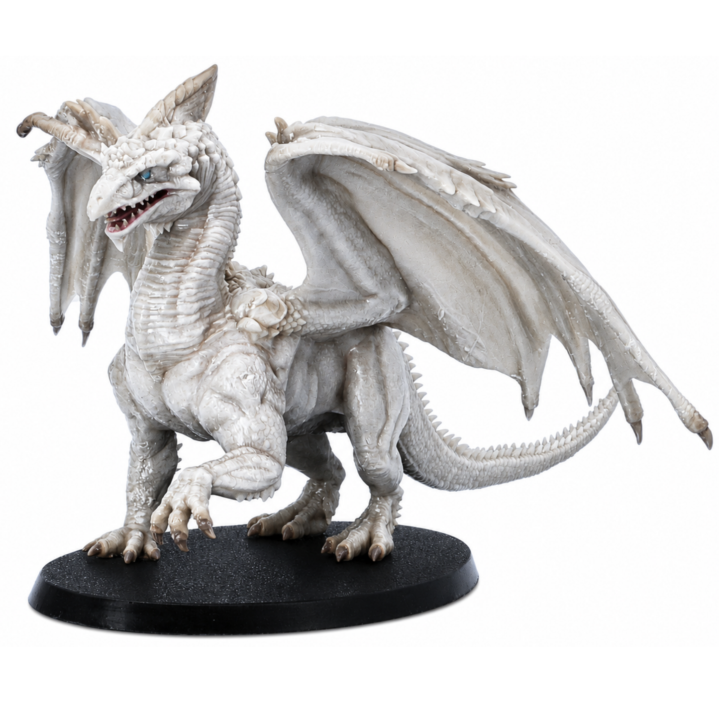 Painted example of an Adult White Dragon fantasy tabletop miniature by Epic Miniatures on a 90mm x 52mm oval base.