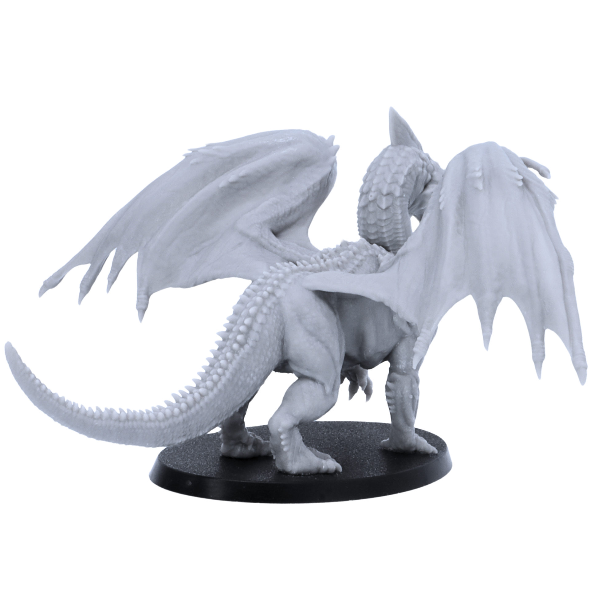 Rear side view of an unpainted Adult White Dragon miniature showing wing membrane detail, scaled tail, rear body texture, and oval base.