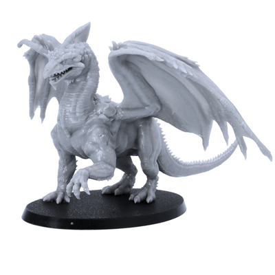 Three-quarter view of an unpainted Adult White Dragon fantasy miniature with wide wings, open mouth, long tail, claws, and detailed scales.