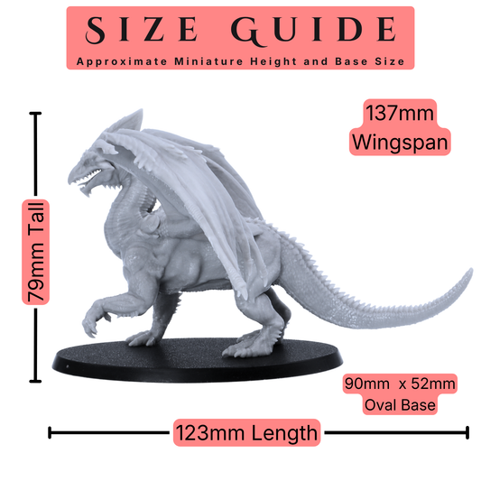 Size guide for a 28mm scale Adult White Dragon miniature showing 79mm height, 137mm wingspan, 123mm length, and 90mm x 52mm oval base.