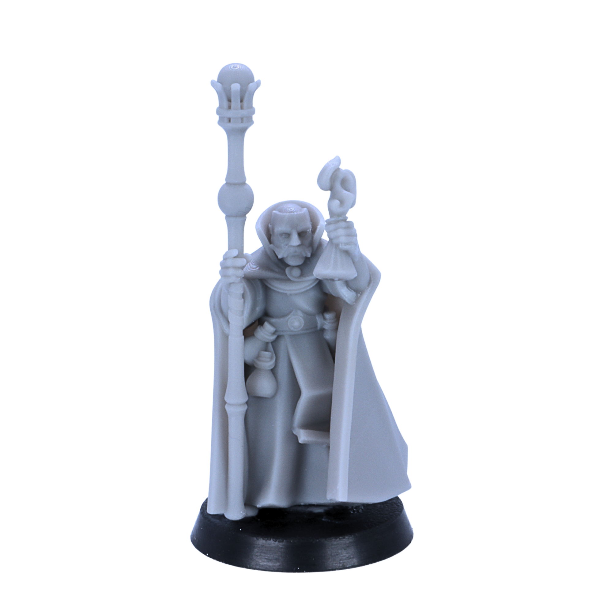 Unpainted alchemy mage miniature by Highlands Miniatures holding a staff and potion flask.