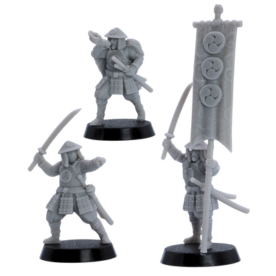 Ashigaru Spearmen command group featuring banner bearer and officer-style samurai infantry miniatures.