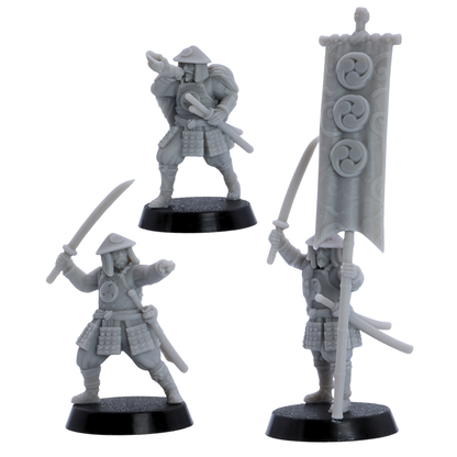 Ashigaru Spearmen command group featuring banner bearer and officer-style samurai infantry miniatures.