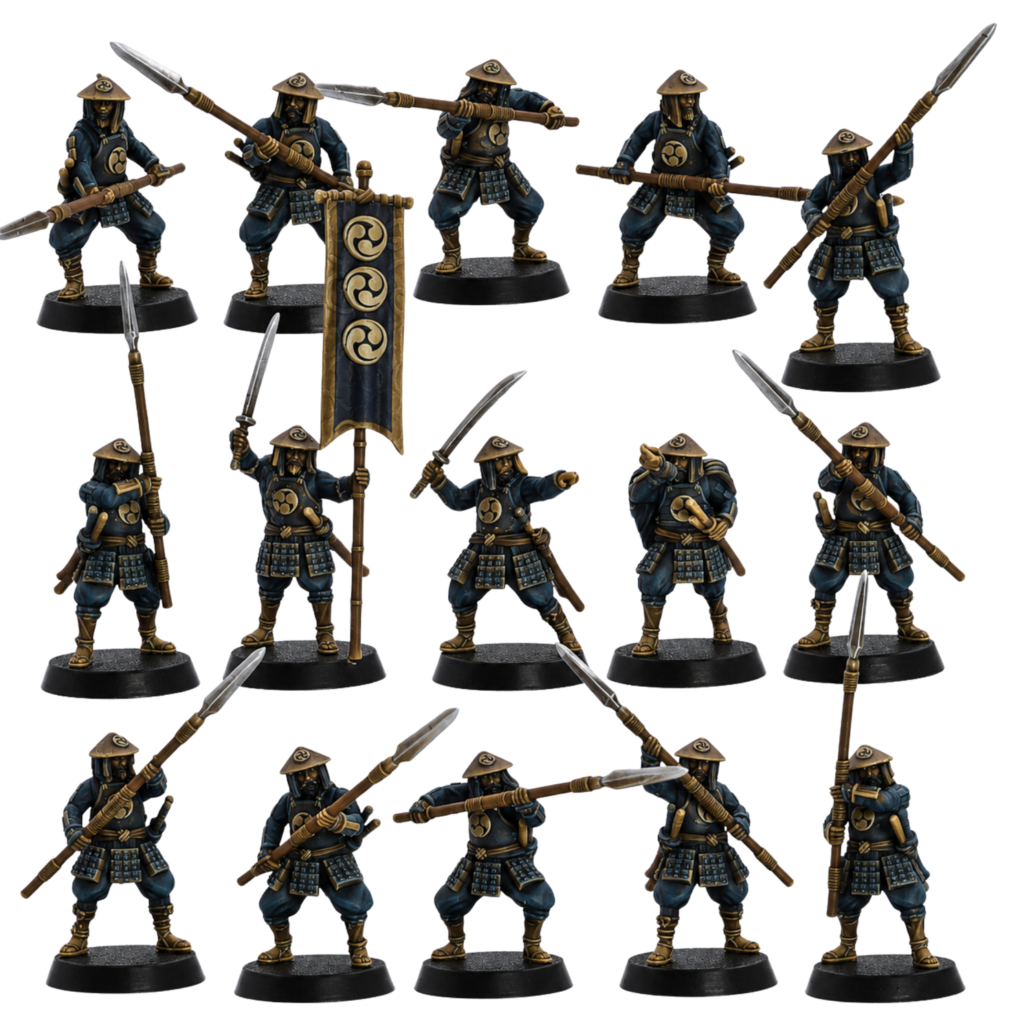 Painted Ashigaru Spearmen miniatures set by Kyoushuneko Miniatures featuring 15 samurai infantry figures with spears and command group.