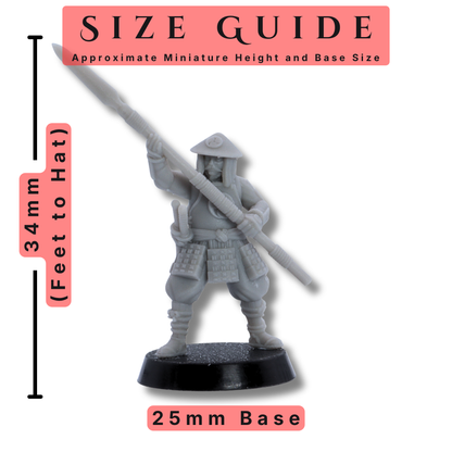 Size guide for Ashigaru Spearman miniature showing approximate 34mm height to hat and 25mm round base.