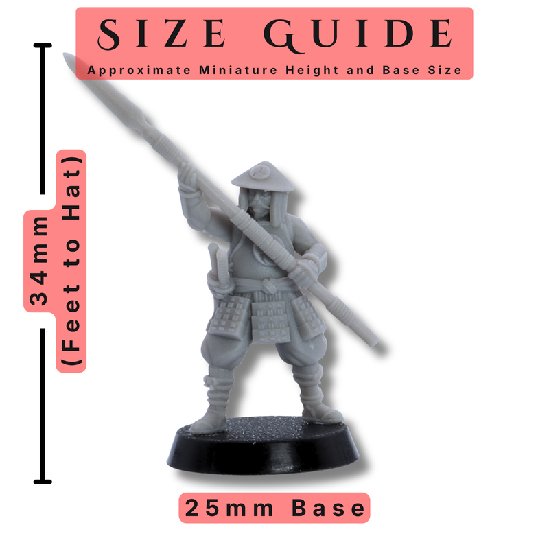 Size guide for Ashigaru Spearman miniature showing approximate 34mm height to hat and 25mm round base.