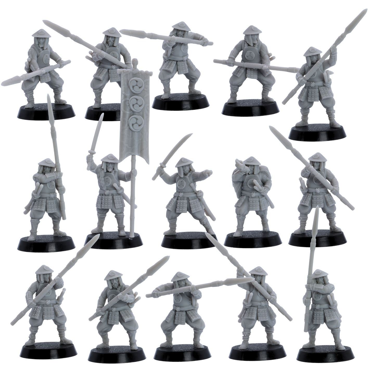 Unpainted Ashigaru Spearmen miniatures set showing 15 resin samurai infantry figures from the front.