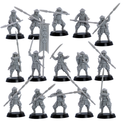 Unpainted Ashigaru Spearmen miniatures set showing 15 resin samurai infantry figures from the front.