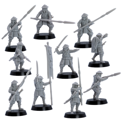 Unpainted Ashigaru Spearmen set showing multiple resin infantry poses with spears and command models.