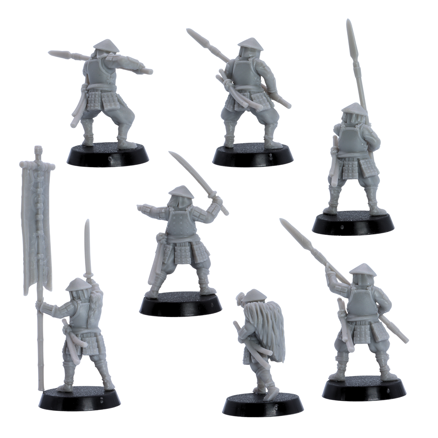 Rear views of unpainted Ashigaru Spearmen miniatures showing armour, spears, swords, and banner details.