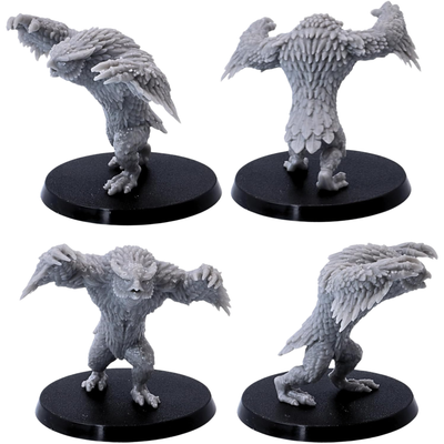 Unpainted attacking Owlbear miniature with raised arms shown from multiple angles.