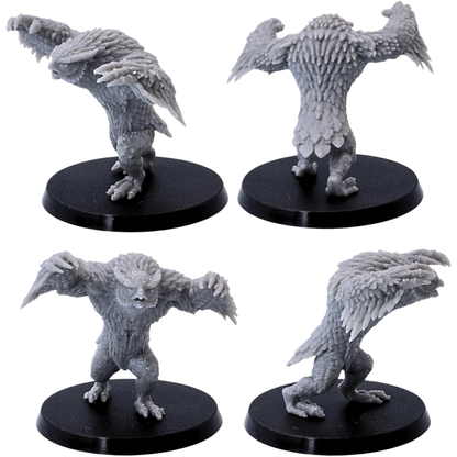 Unpainted attacking Owlbear miniature with raised arms shown from multiple angles.