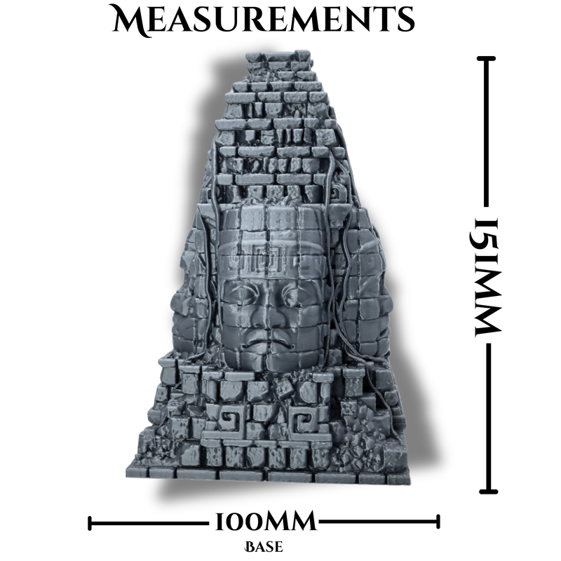 Measurement guide for Aztec Monument terrain showing approximate 151mm height and 100mm base footprint.