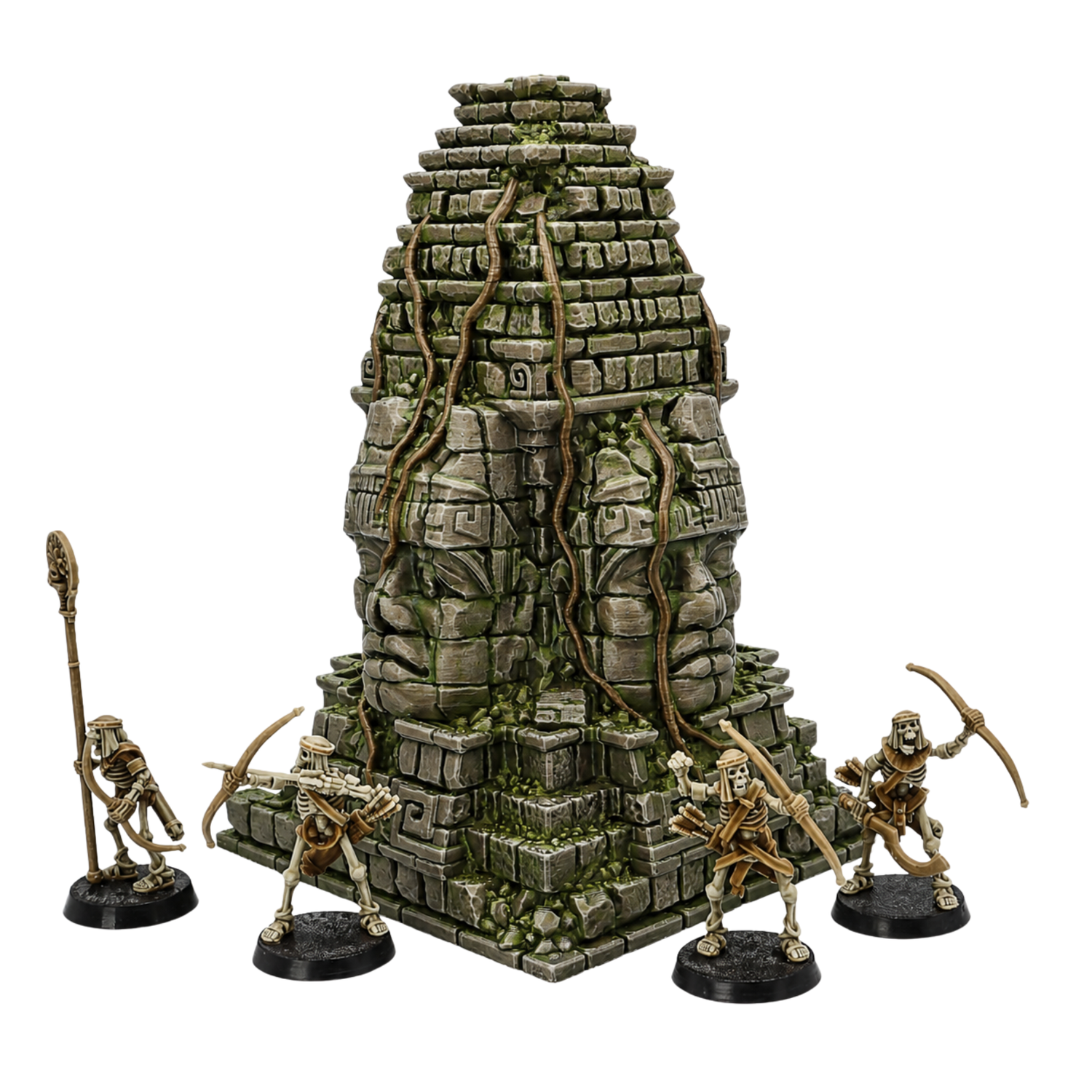 Painted Aztec Monument terrain by Printable Scenery with ancient stone ruin, vines, and skeleton miniatures for scale.
