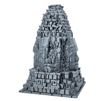 Unpainted Aztec Monument terrain showing front stone face, carved blocks, vines, and ruined temple details.