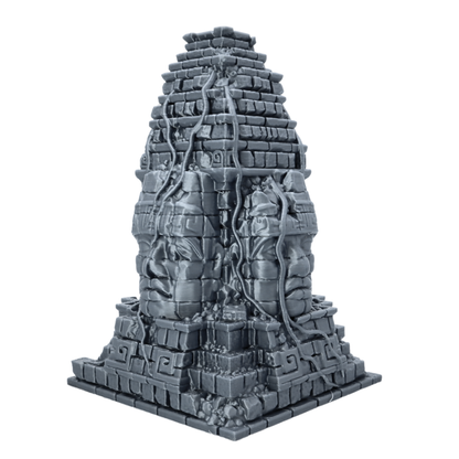 Rear view of unpainted Aztec Monument terrain showing cracked stonework, vines, and ruined temple details.