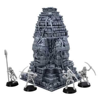 Unpainted Aztec Monument terrain shown with skeleton miniatures for tabletop scale reference.