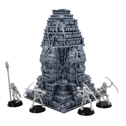Unpainted Aztec Monument terrain shown with skeleton miniatures for tabletop scale reference.