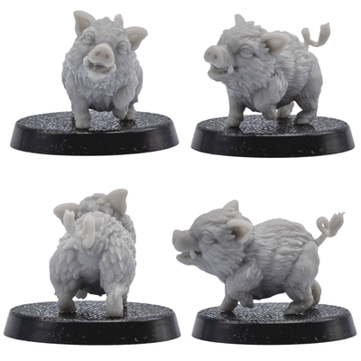 Unpainted baby boar familiar shown from multiple angles on a 25mm round base.