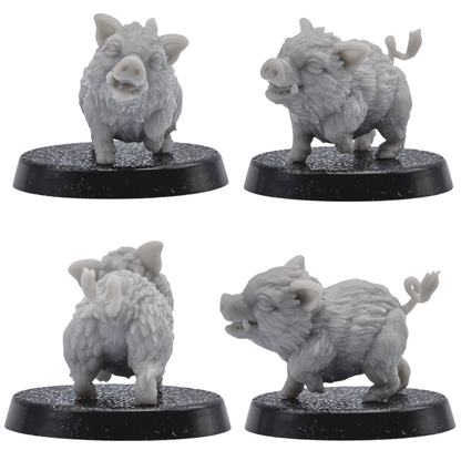 Unpainted baby boar familiar shown from multiple angles on a 25mm round base.