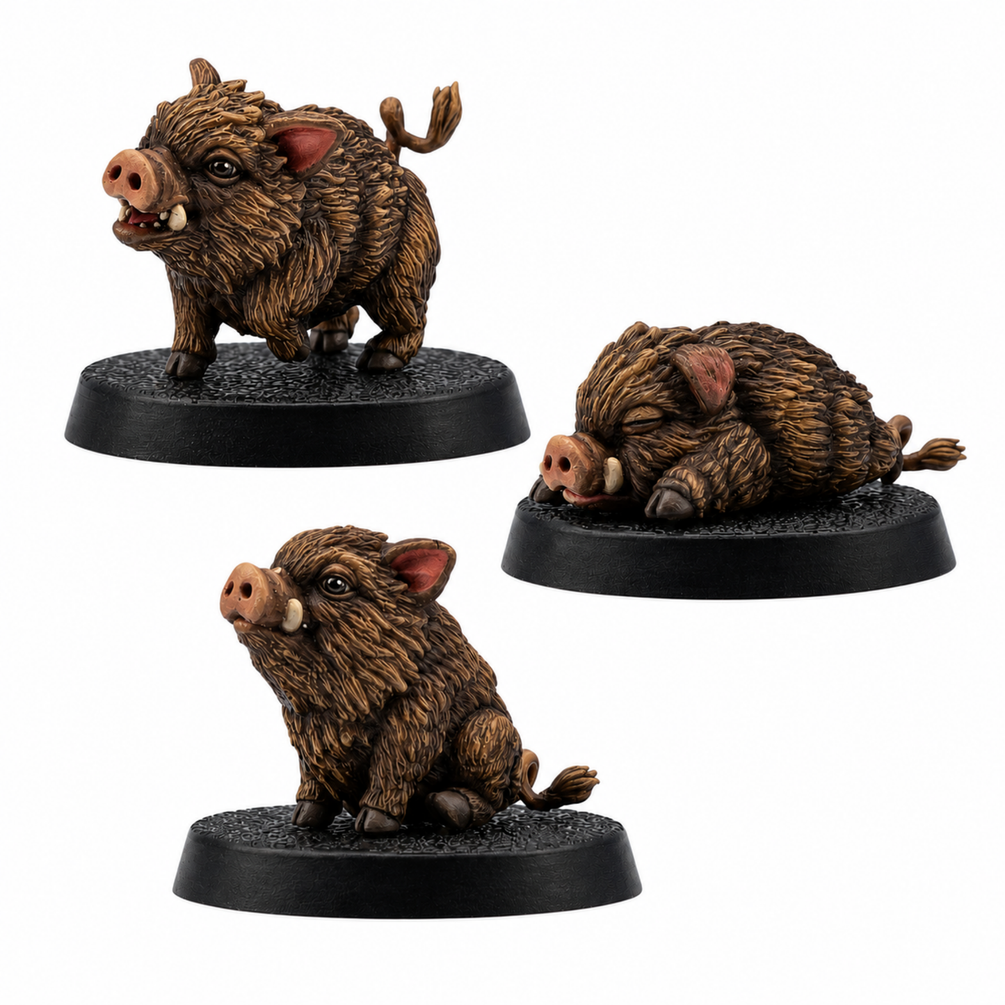 Painted example of three Baby Boar Familiar fantasy miniatures by Forged Path Miniatures on 25mm round bases.