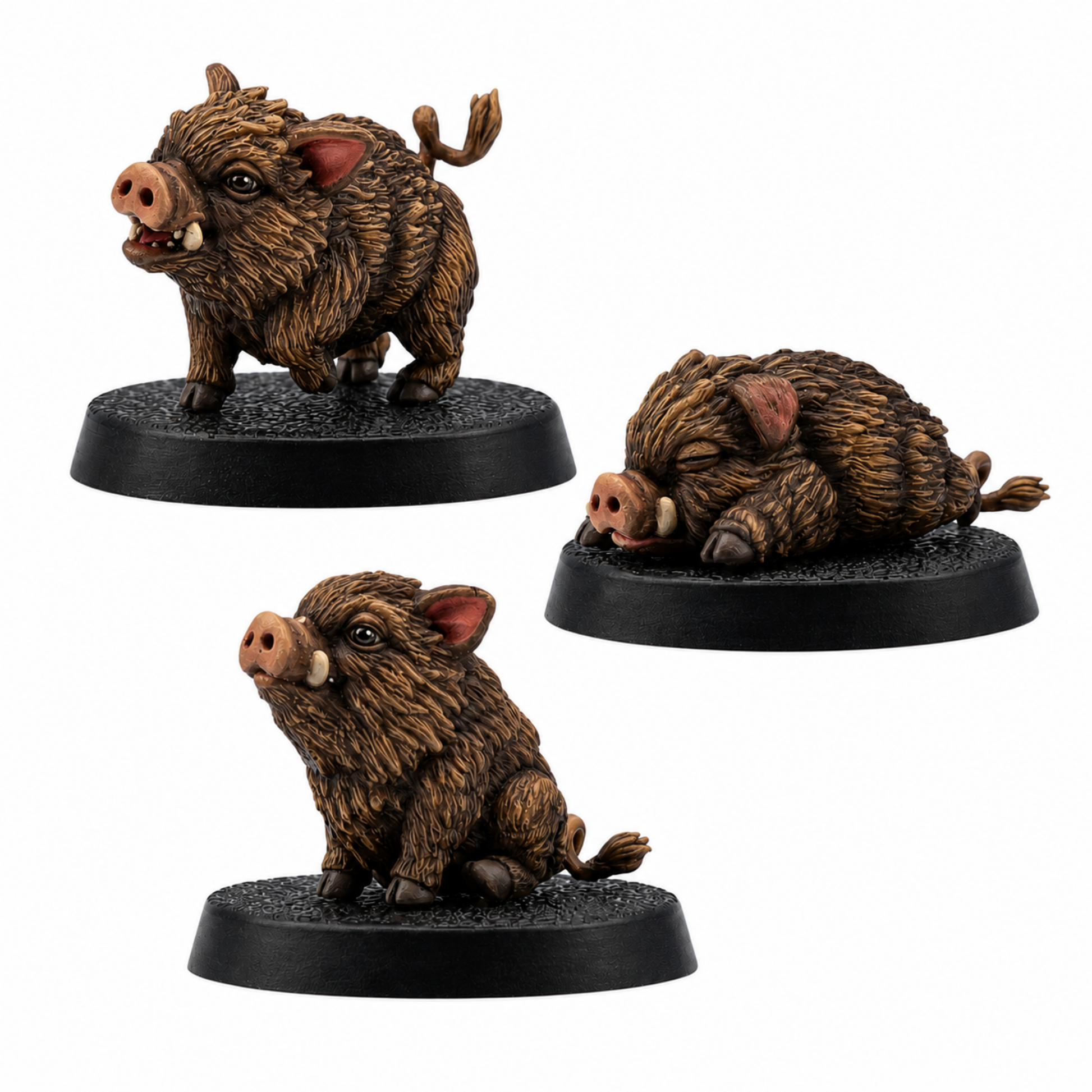 Painted example of three Baby Boar Familiar fantasy miniatures by Forged Path Miniatures on 25mm round bases.