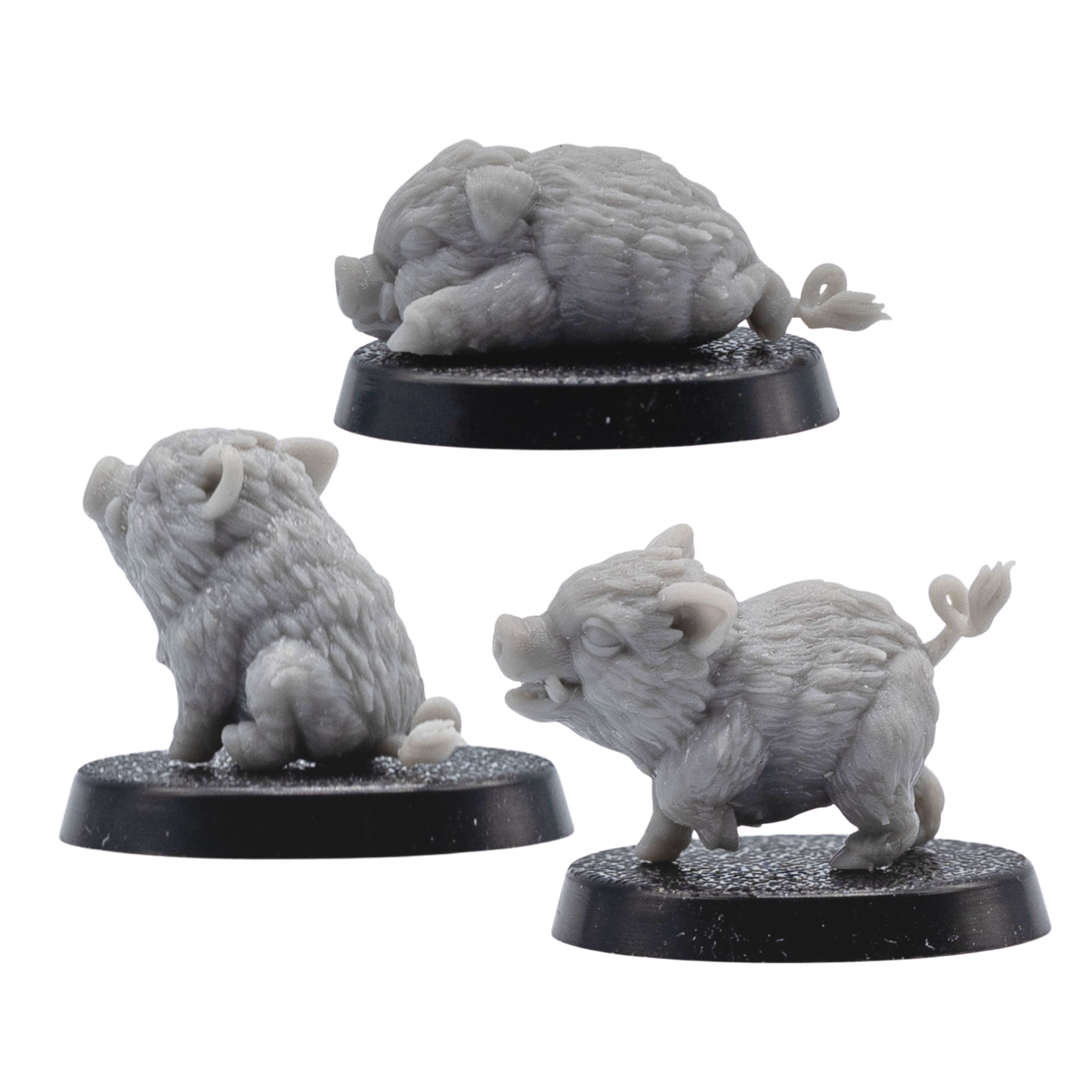 Rear side view of the Baby Boar Familiar set showing sleeping, sitting, and standing baby boar poses on 25mm round bases.