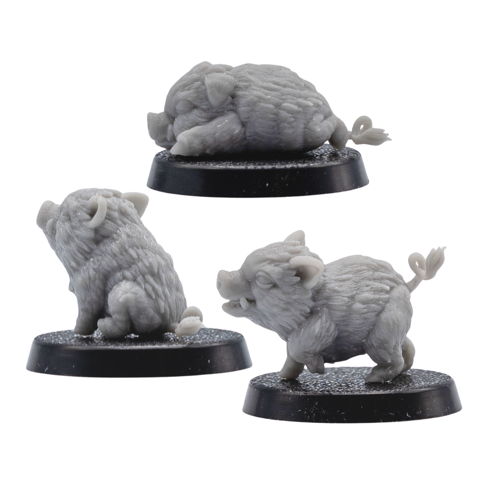Rear side view of the Baby Boar Familiar set showing sleeping, sitting, and standing baby boar poses on 25mm round bases.