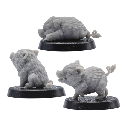 Rear side view of the Baby Boar Familiar set showing sleeping, sitting, and standing baby boar poses on 25mm round bases.