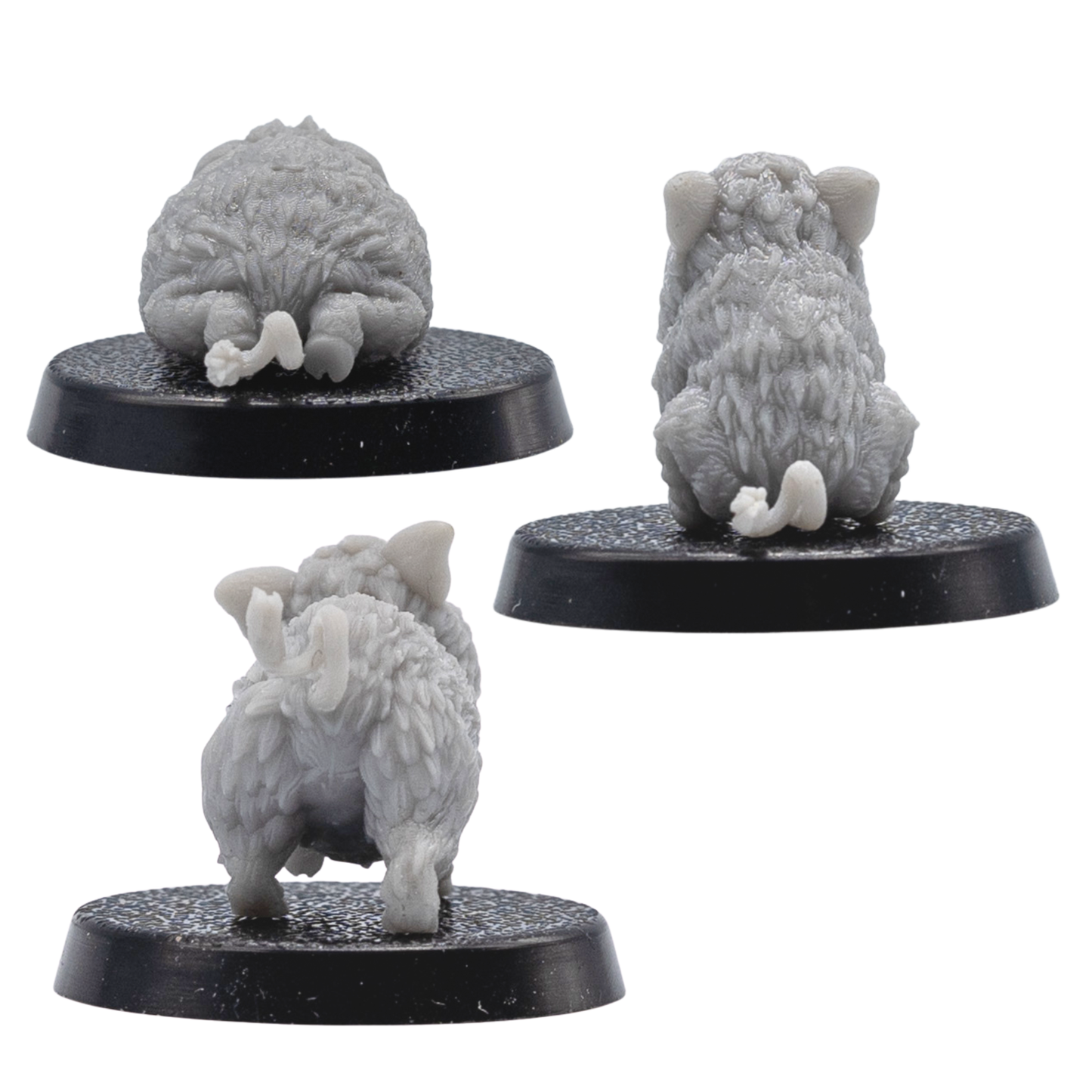 Rear view of three unpainted Baby Boar Familiar resin miniatures showing curled tails, rounded bodies, fur detail, and round bases.